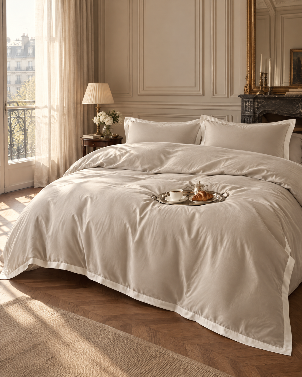 The Lyon Silk Bedding Set in oyster with ivory border, morning in Paris
