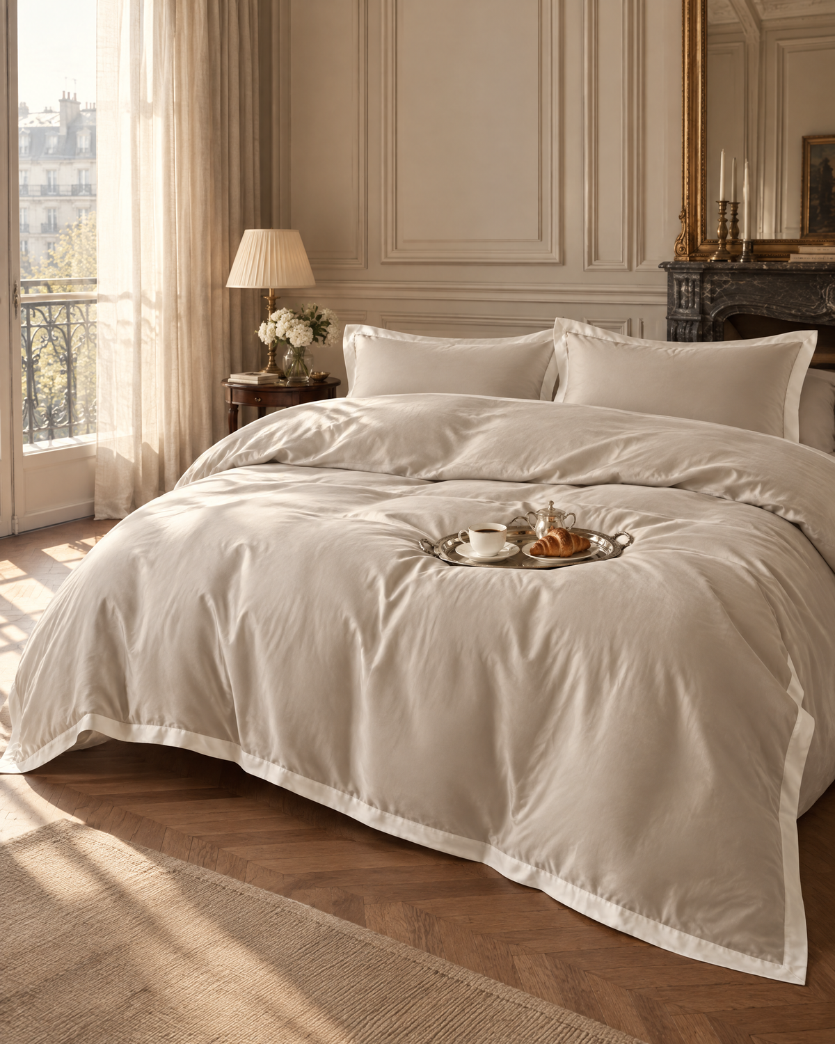 The Lyon Silk Bedding Set in oyster with ivory border, morning in Paris