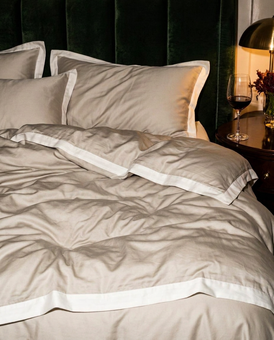 A beige bedding set with white piping trim, styled on a bed in a cozy bedroom setting with a dark green velvet headboard, a lit gold lamp, and a glass of red wine on a wooden nightstand.