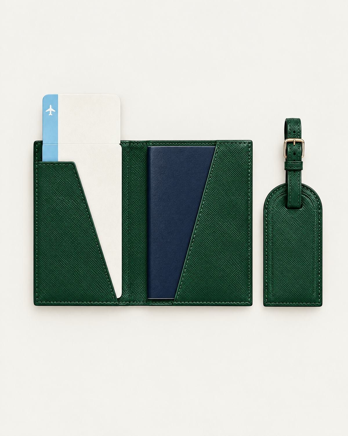 The Grand Voyage Travel Set in Cross-grain Green, open with passport and ticket