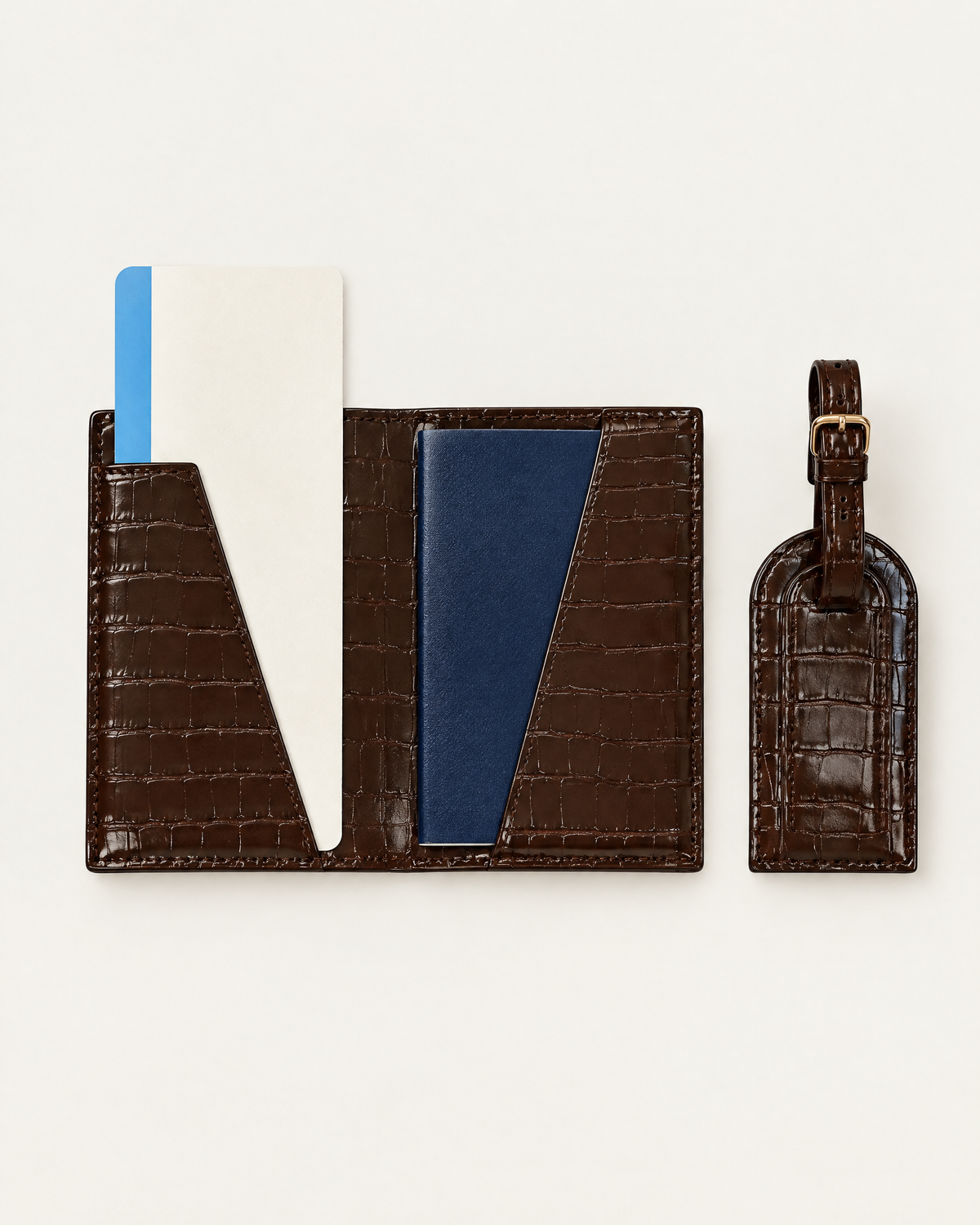 The Grand Voyage Travel Set in Croc Coffee, open with passport and ticket