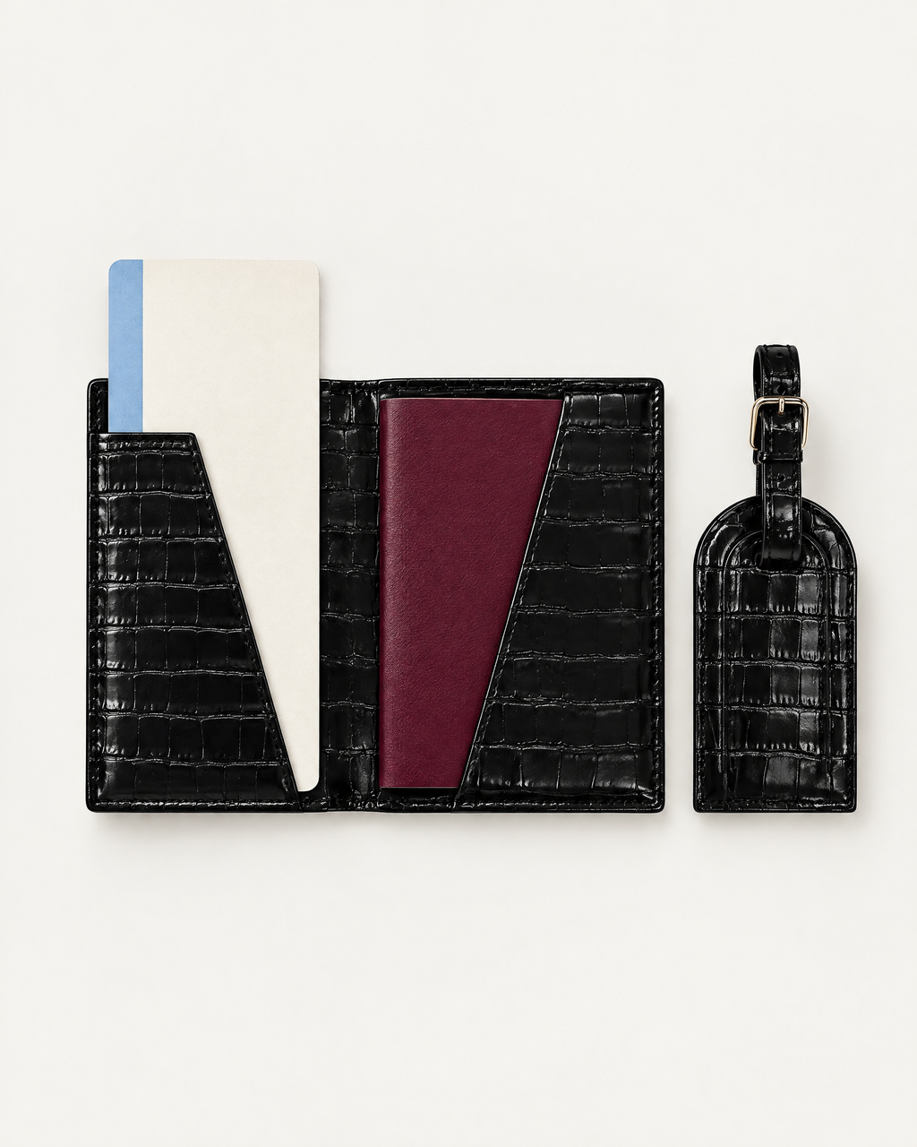 The Grand Voyage Travel Set in Croc Black, open with passport and ticket