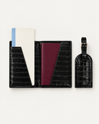 The Grand Voyage Travel Set in Croc Black, open with passport and ticket