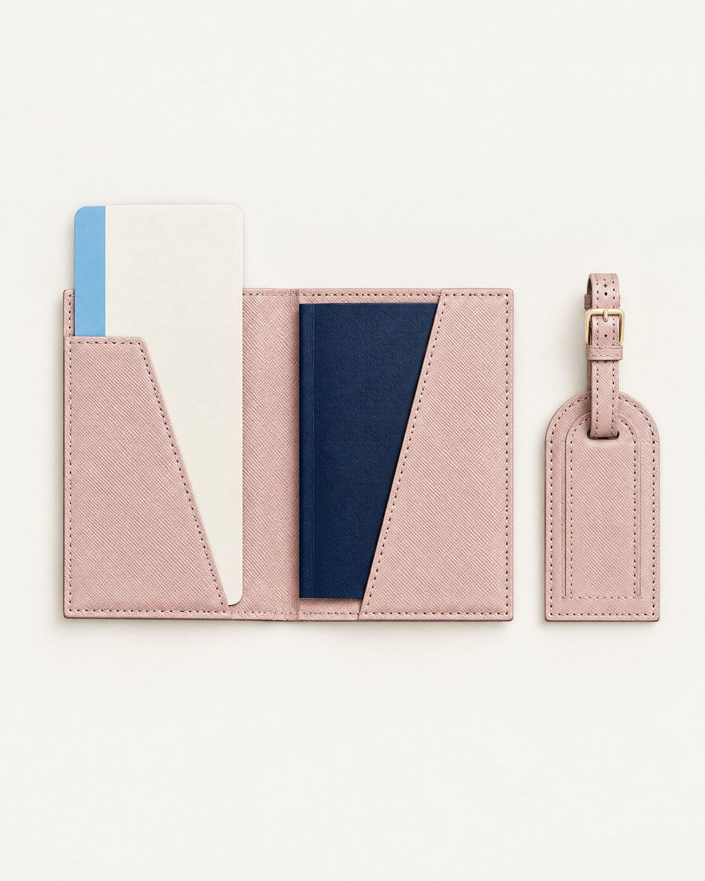 The Grand Voyage Travel Set in Cross-grain Blush, open with passport and ticket