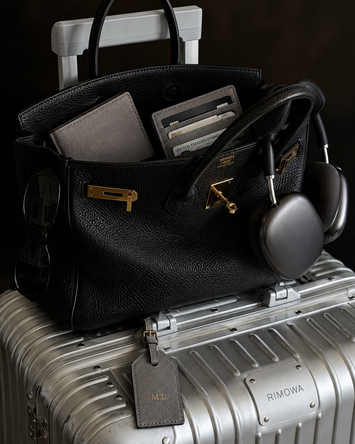 A black pebbled leather handbag with gold hardware sits on top of a silver hard-shell suitcase. The bag contains gray cards and a passport, and black over-ear headphones hang from one handle.