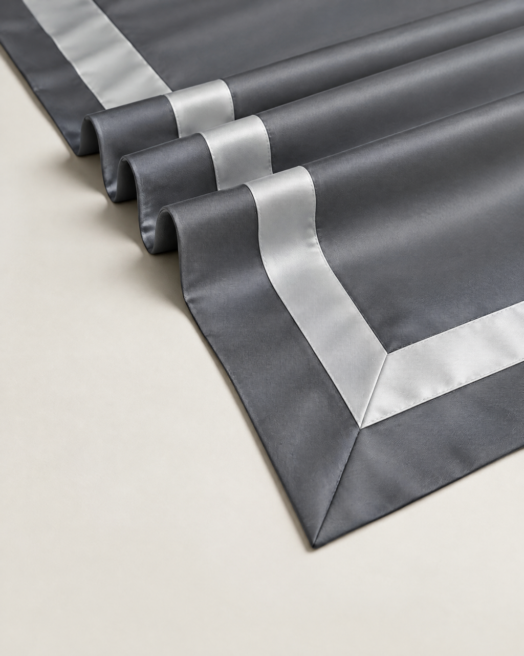 The Kensington Sateen Bedding Set in Slate, mitred corner detail