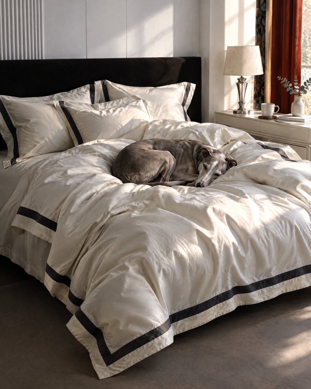 The Kensington Sateen Bedding Set in Ivory, with a sleeping whippet