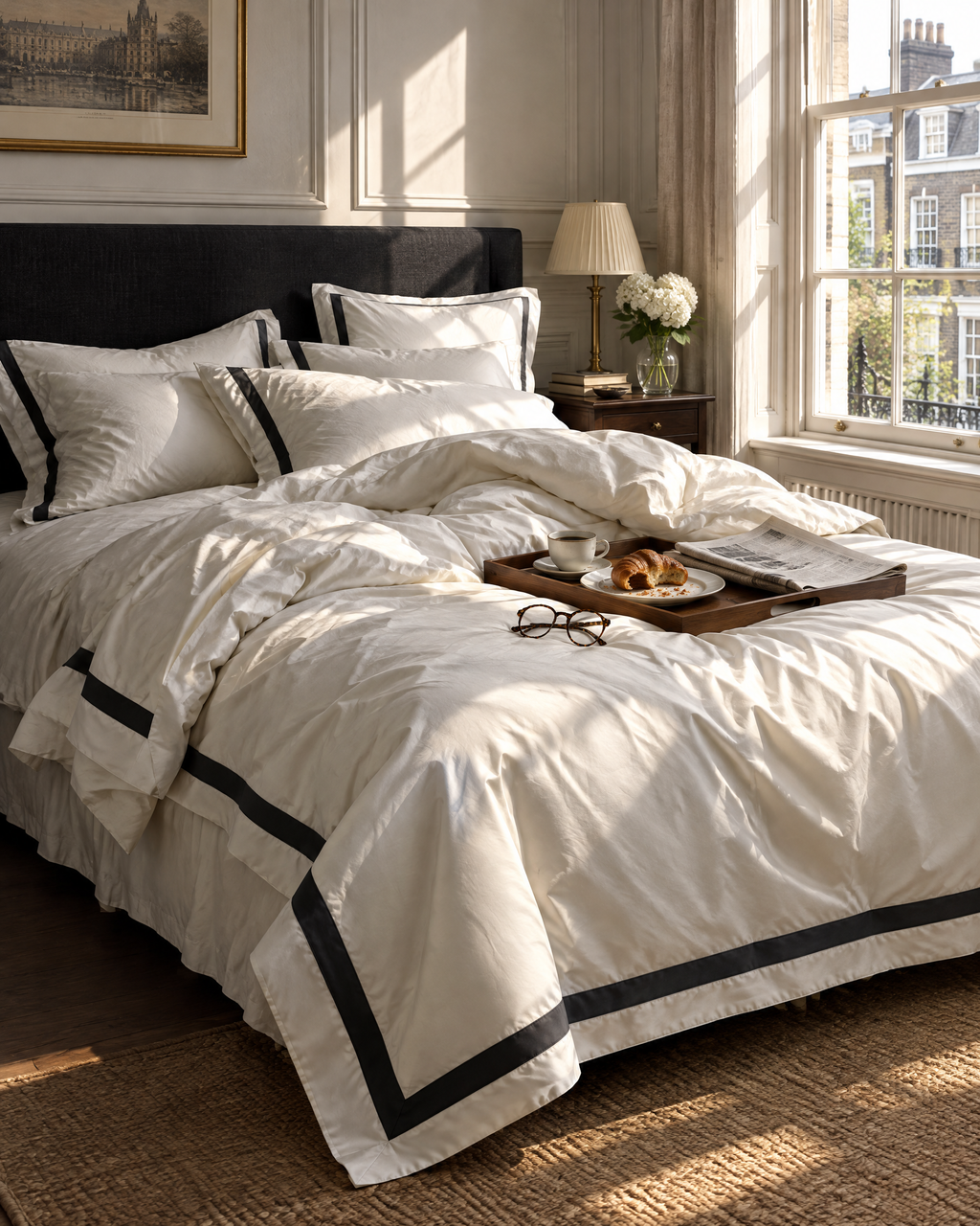 The Kensington Sateen Bedding Set in Ivory, Sunday breakfast in bed