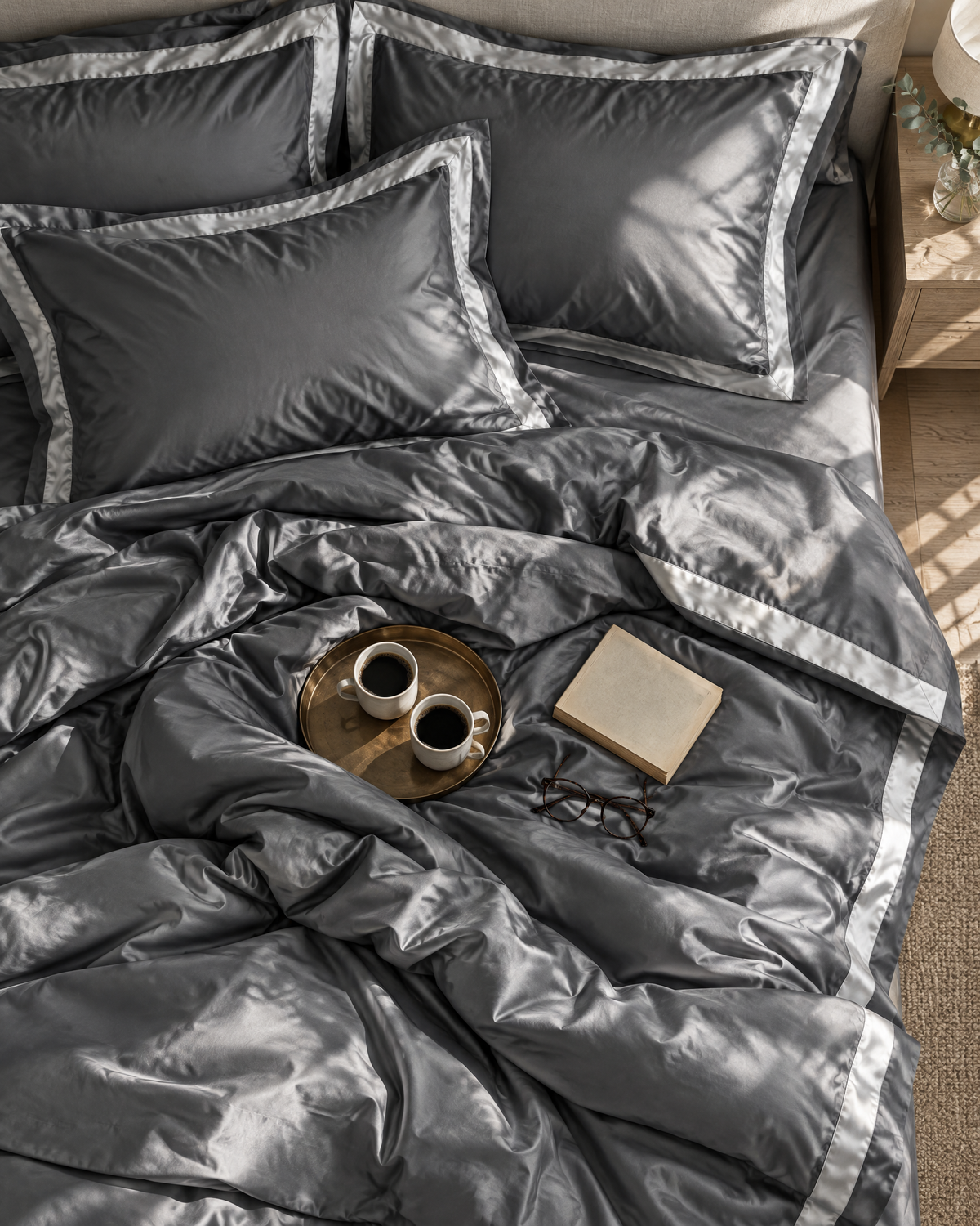 The Kensington Sateen Bedding Set in Slate, coffee in bed
