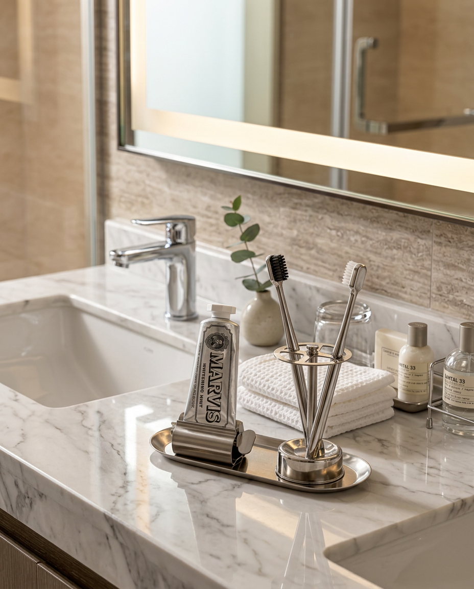 A bathroom vanity scene with a marble countertop, chrome faucet, toothbrush holder, toothpaste tube, folded towels, and toiletry bottles beneath a mirror.