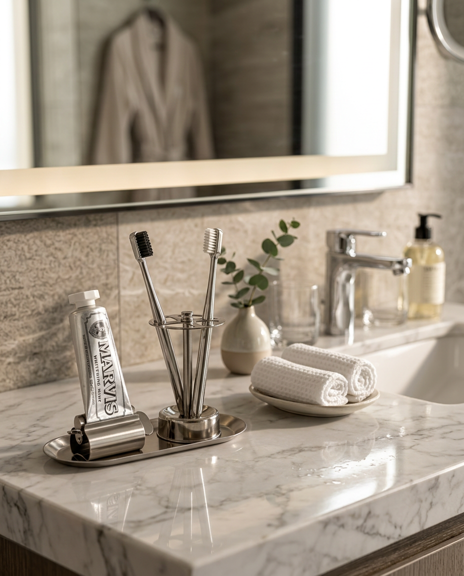 A bathroom countertop scene with a chrome toothbrush holder containing two toothbrushes, a silver toothpaste tube labeled BAILIYU on a small tray, rolled white towels on a plate, and a faucet in the background.