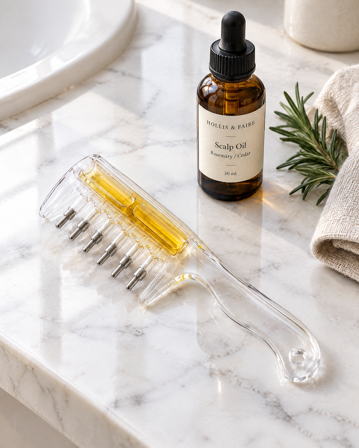 The Apothecary Comb on a marble bathroom shelf