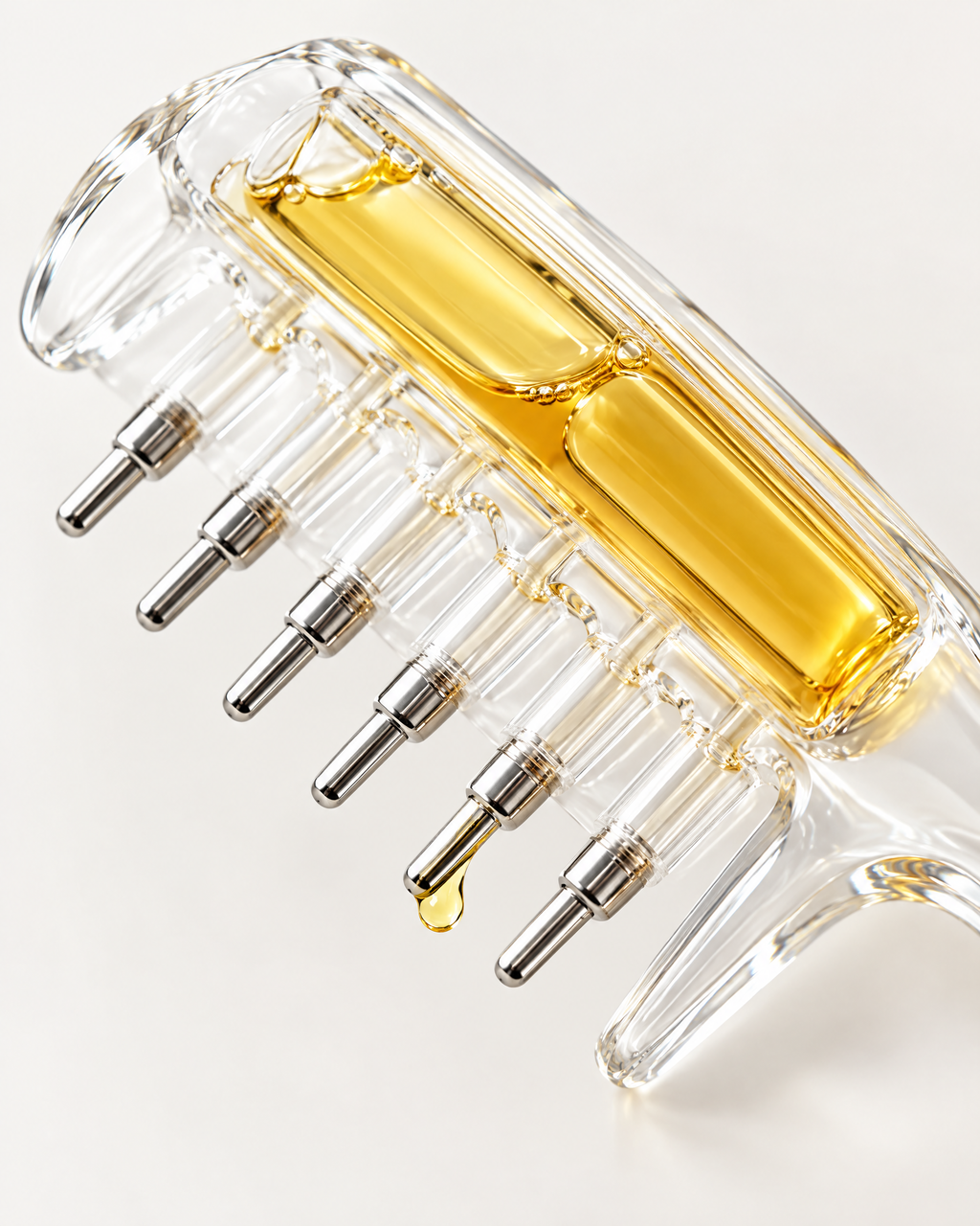 The Apothecary Comb, close-up of the steel tips and oil reservoir