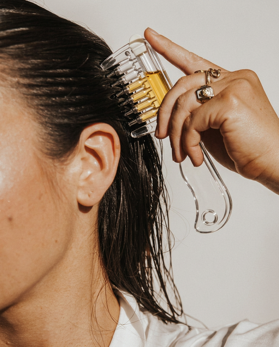 A close-up lifestyle shot of a person using a clear hair oil brush on wet dark hair. The transparent brush contains golden hair oil and is held by a hand with rings against a plain light background.