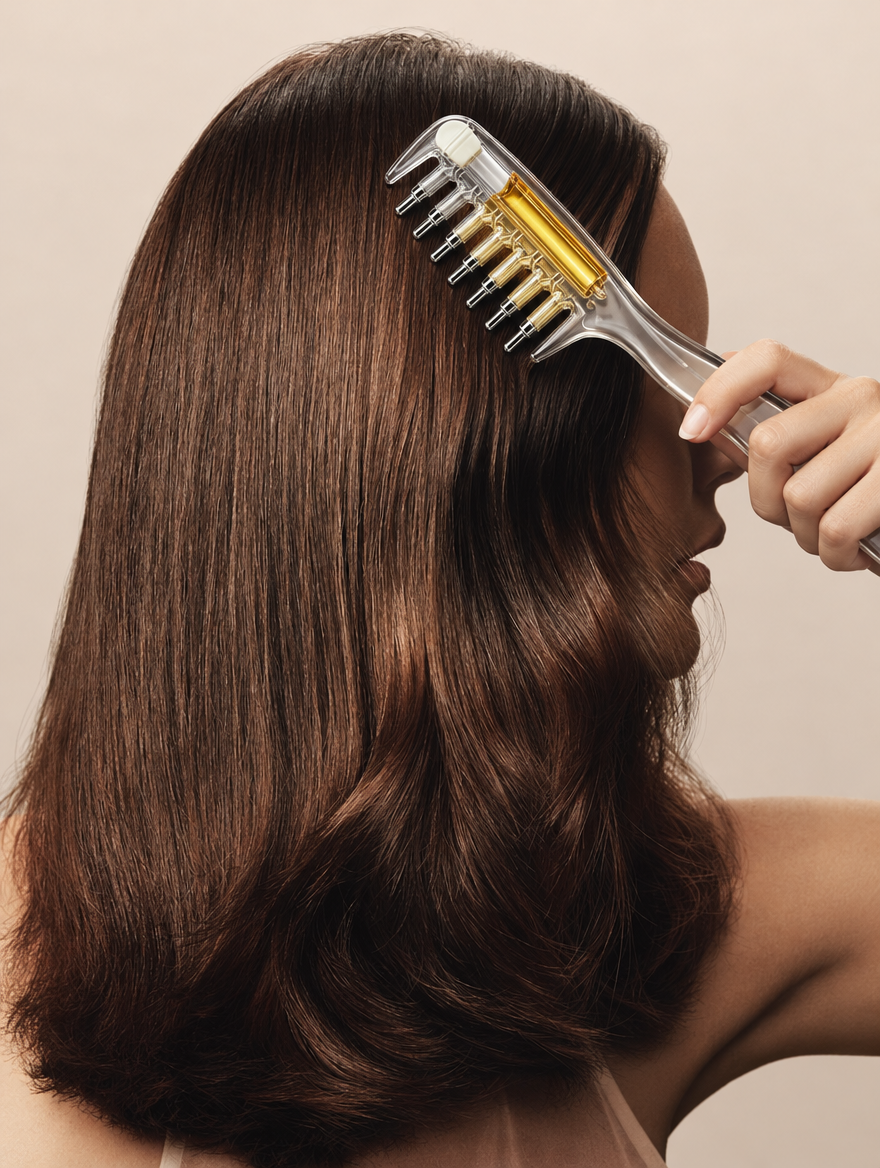 A close-up of a woman with long, straight brown hair using a clear-to-gold hair-toiletry comb, shown from the side against a plain beige background.