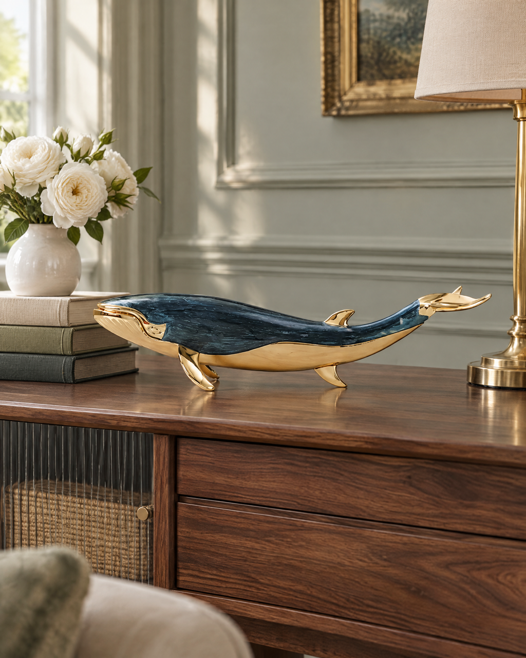 The Nantucket Whale on a walnut sideboard