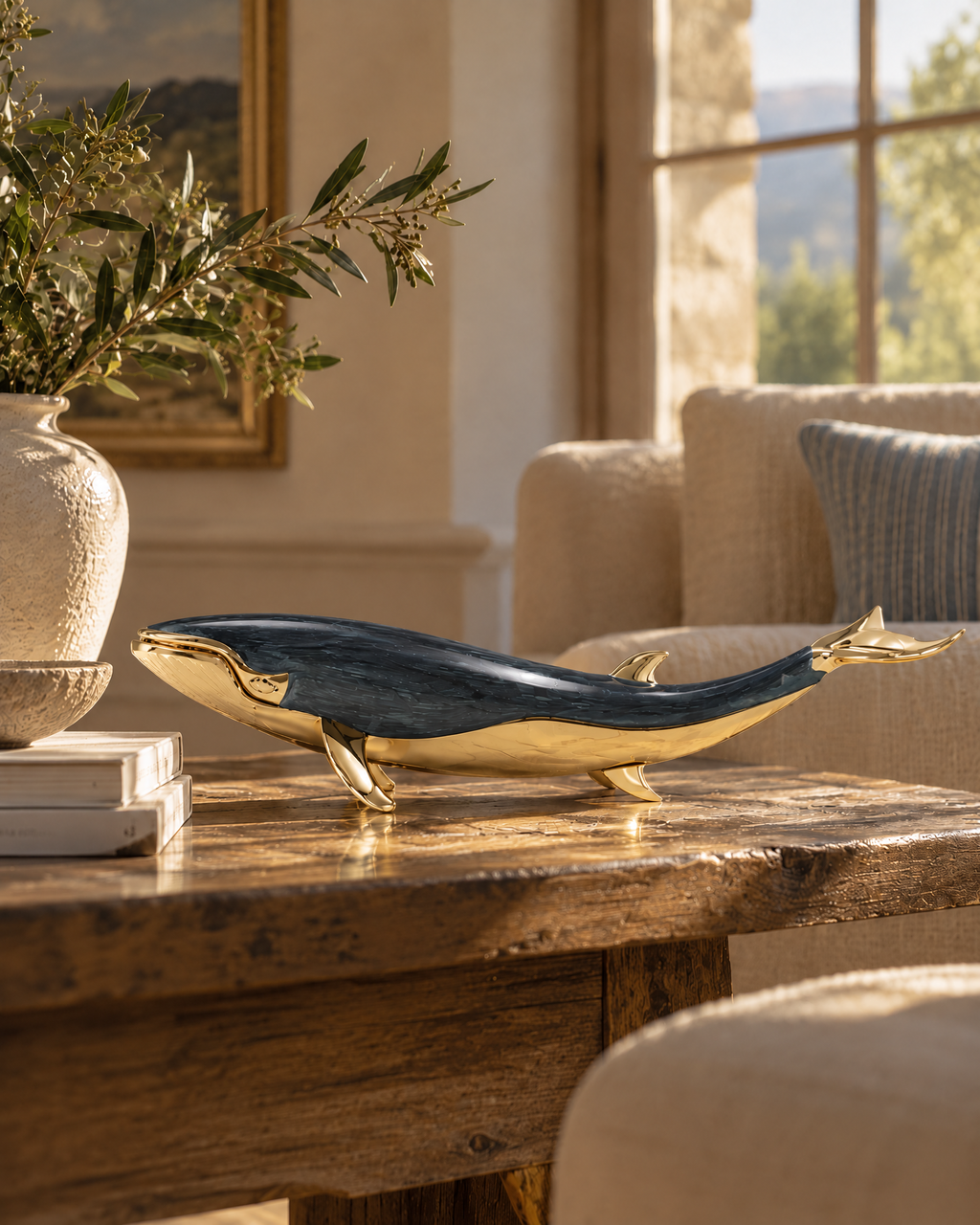 The Nantucket Whale on an oak table in a sunlit sitting room