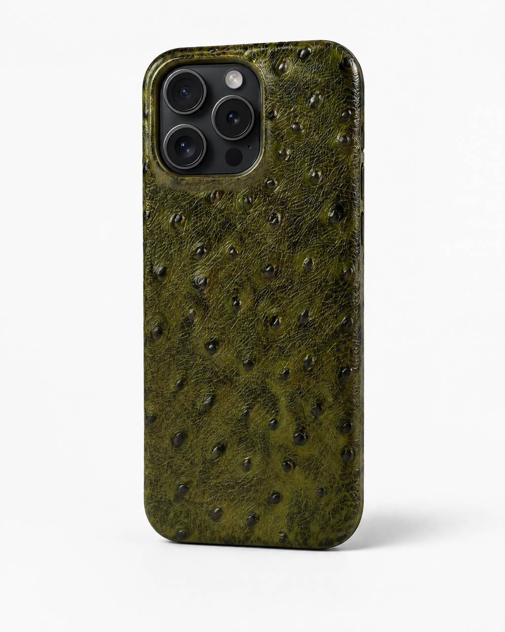 The Safari Phone Case in olive green ostrich-pattern leather