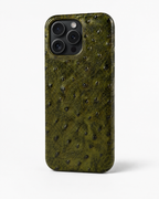 The Safari Phone Case in olive green ostrich-pattern leather