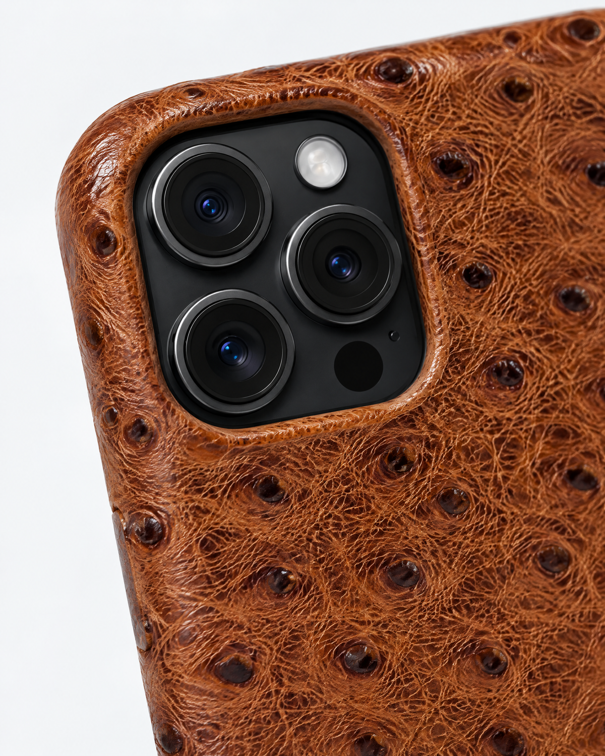 Close-up of the ostrich-pattern grain and camera cut-out on The Safari Phone Case