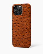 The Safari Phone Case in cognac brown ostrich-pattern leather