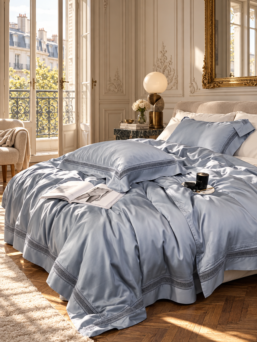 The Belgravia Lace Bedding Set in Dusk Blue in a sunlit Parisian bedroom