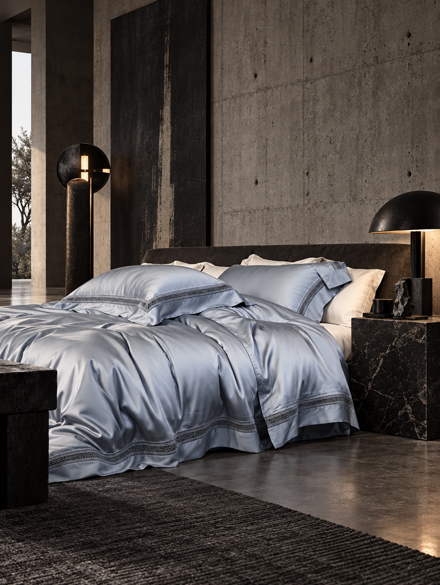 The Belgravia Lace Bedding Set in Dusk Blue in a minimal concrete bedroom
