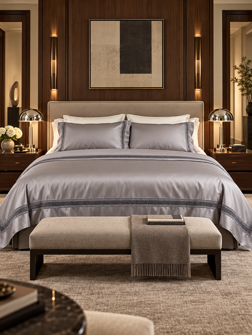 The Belgravia Lace Bedding Set in Silver Grey, sateen duvet cover and pillowcases with lace insert borders