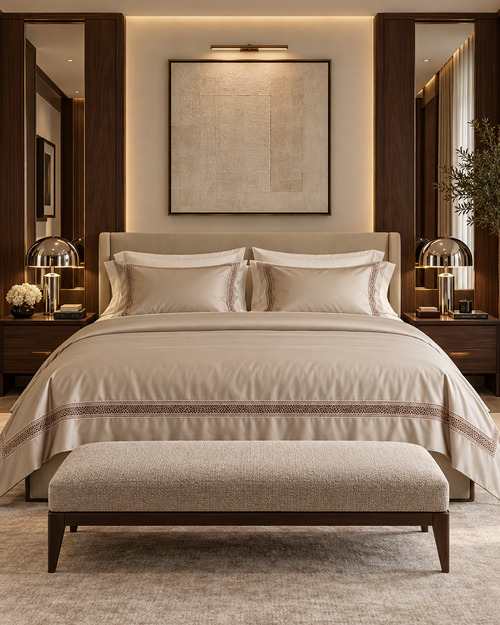 The Belgravia Lace Bedding Set in Champagne, sateen duvet cover and pillowcases with lace insert borders