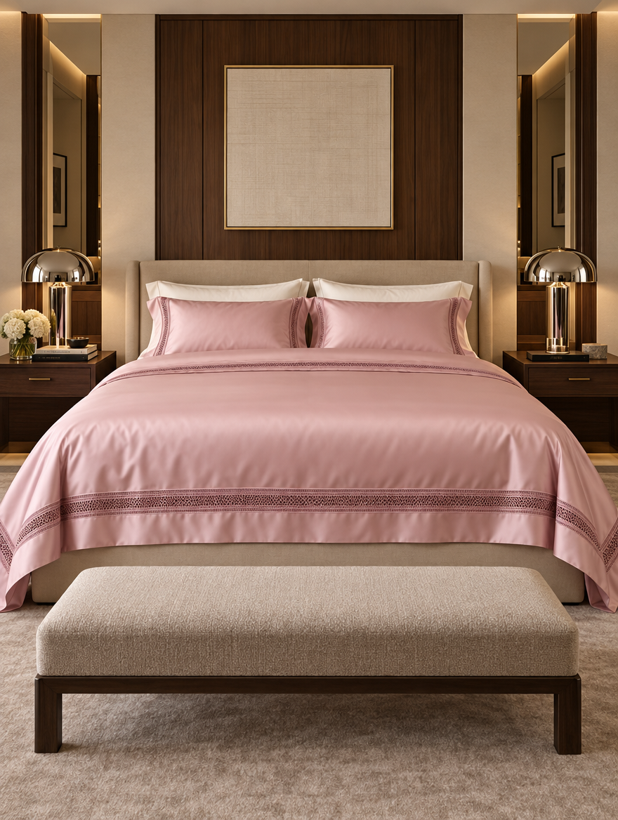 The Belgravia Lace Bedding Set in Rose, sateen duvet cover and pillowcases with lace insert borders