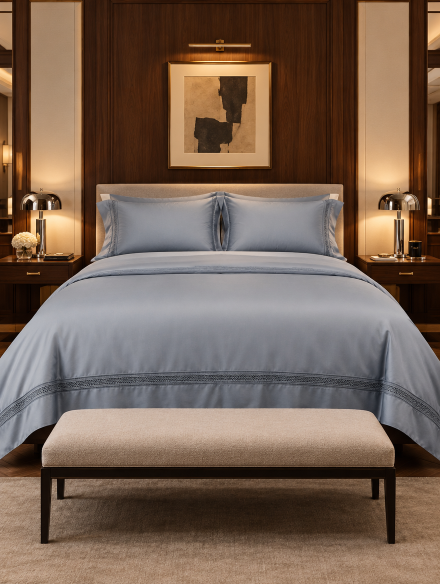 The Belgravia Lace Bedding Set in Dusk Blue, sateen duvet cover and pillowcases with lace insert borders
