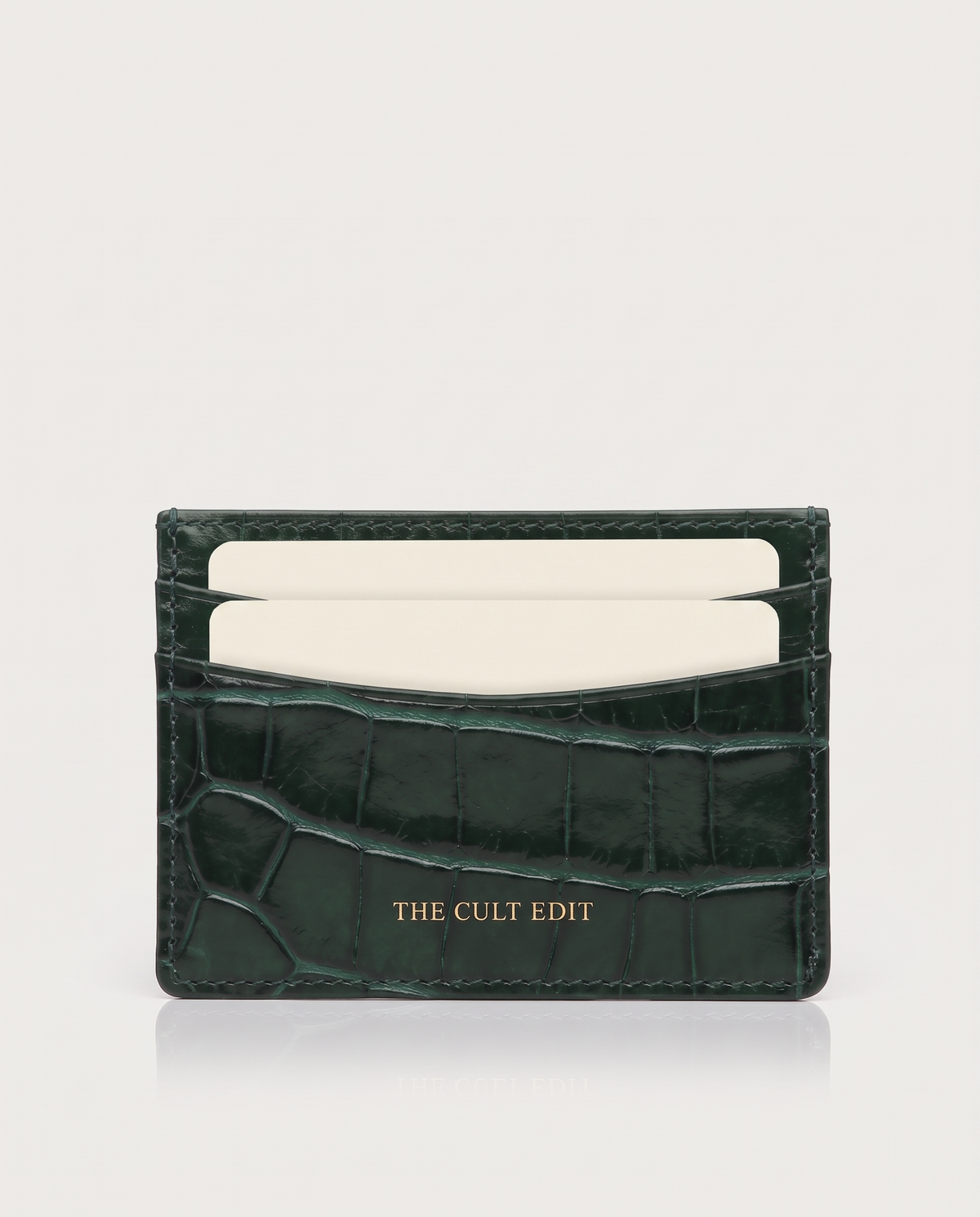 The Savile Card Holder in Green croc-embossed leather with gold THE CULT EDIT lettering