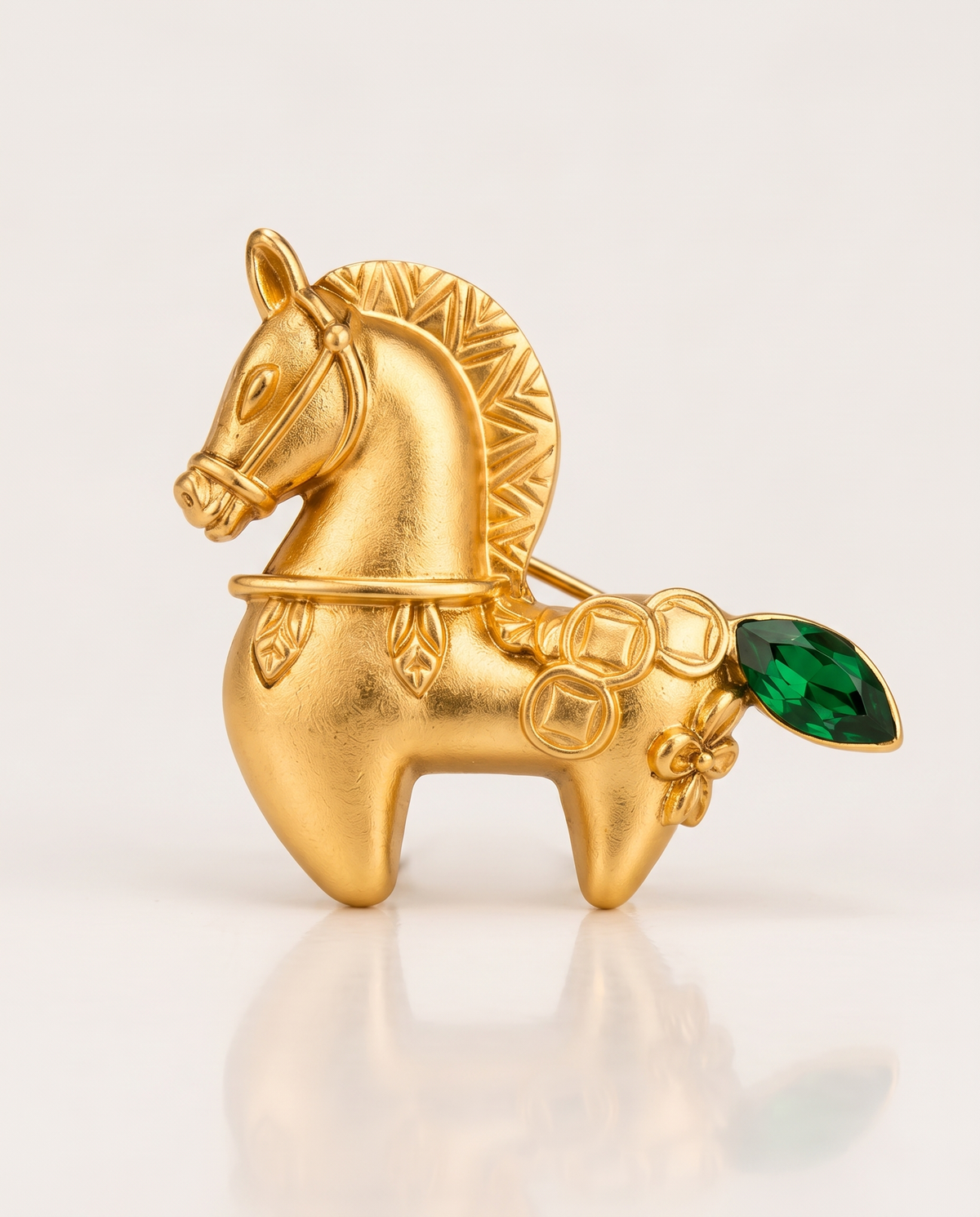 The Lucky Pony Brooch standing with a soft reflection