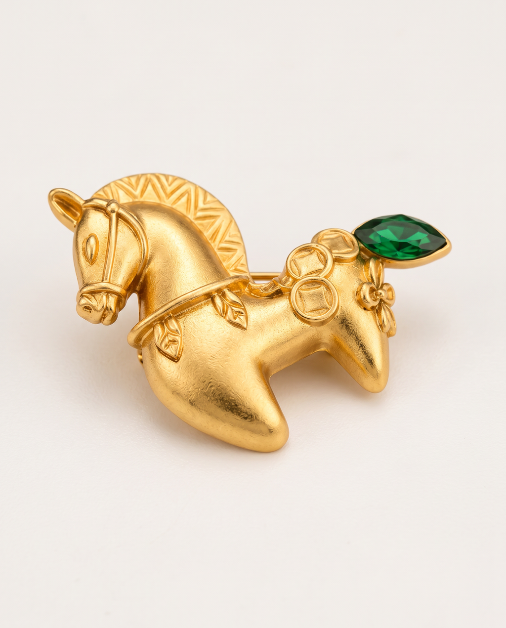 The Lucky Pony Brooch from a low angle