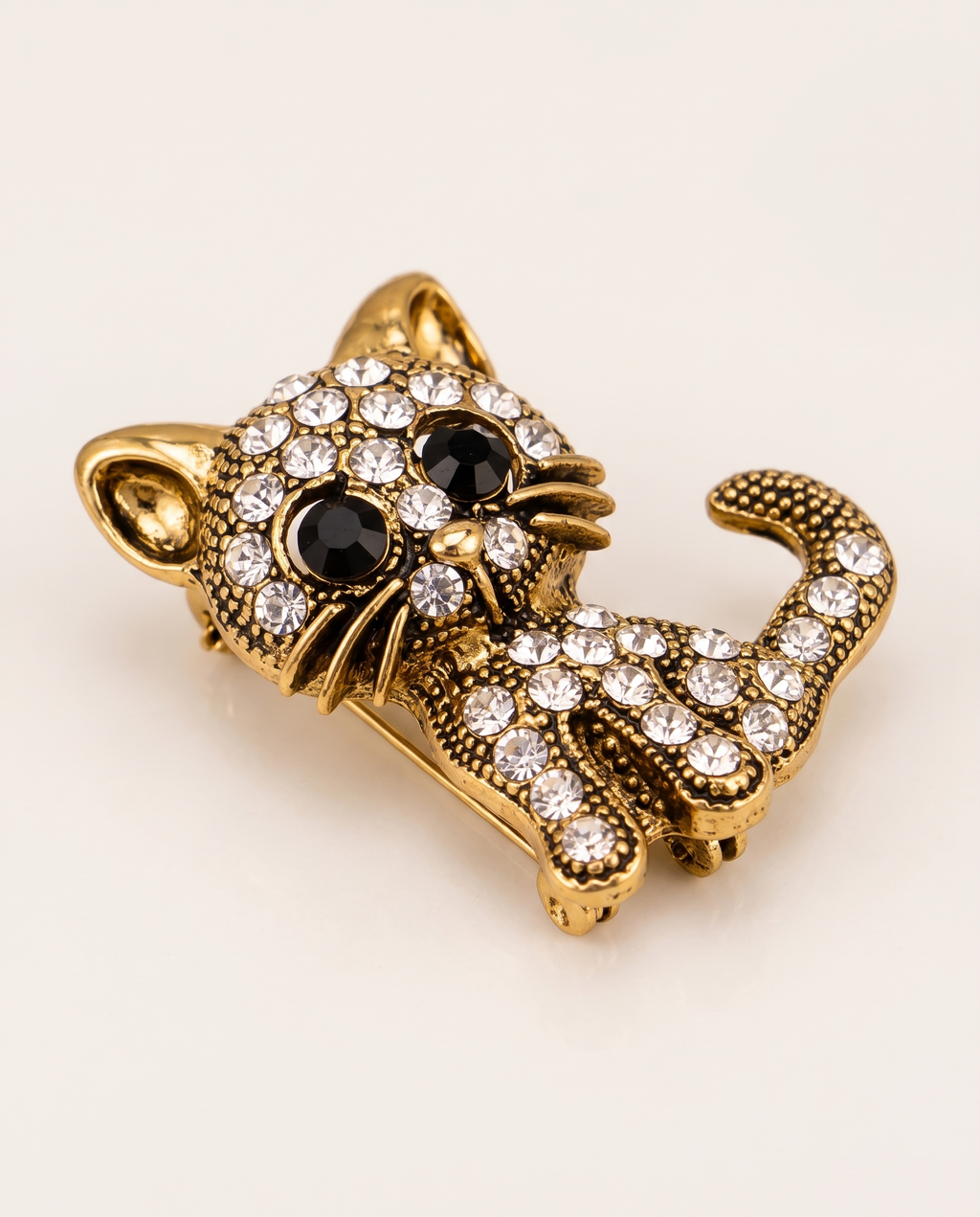 The Diamante Cat Brooch from a low angle