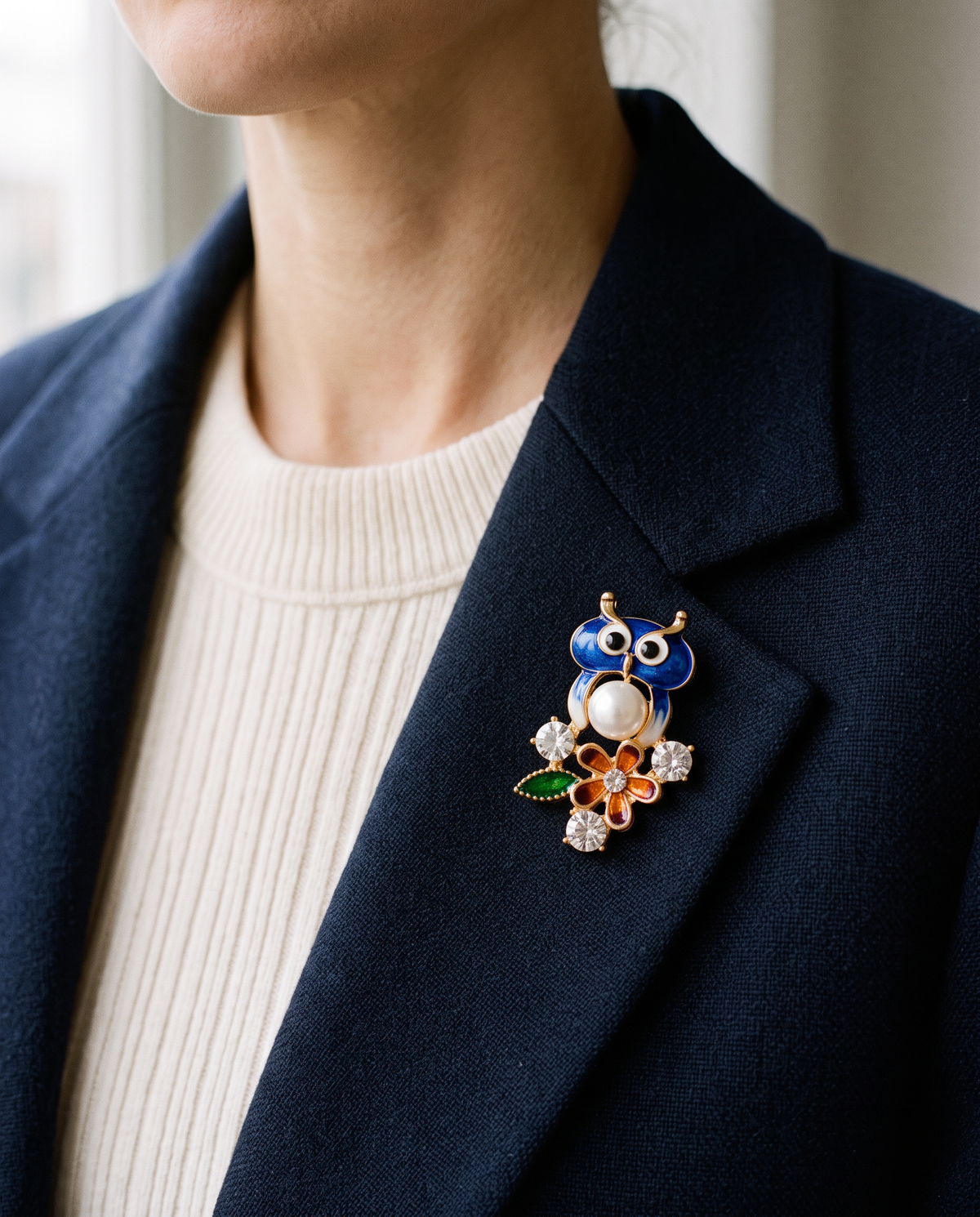 The Garden Owl Brooch worn on the lapel of a navy blazer