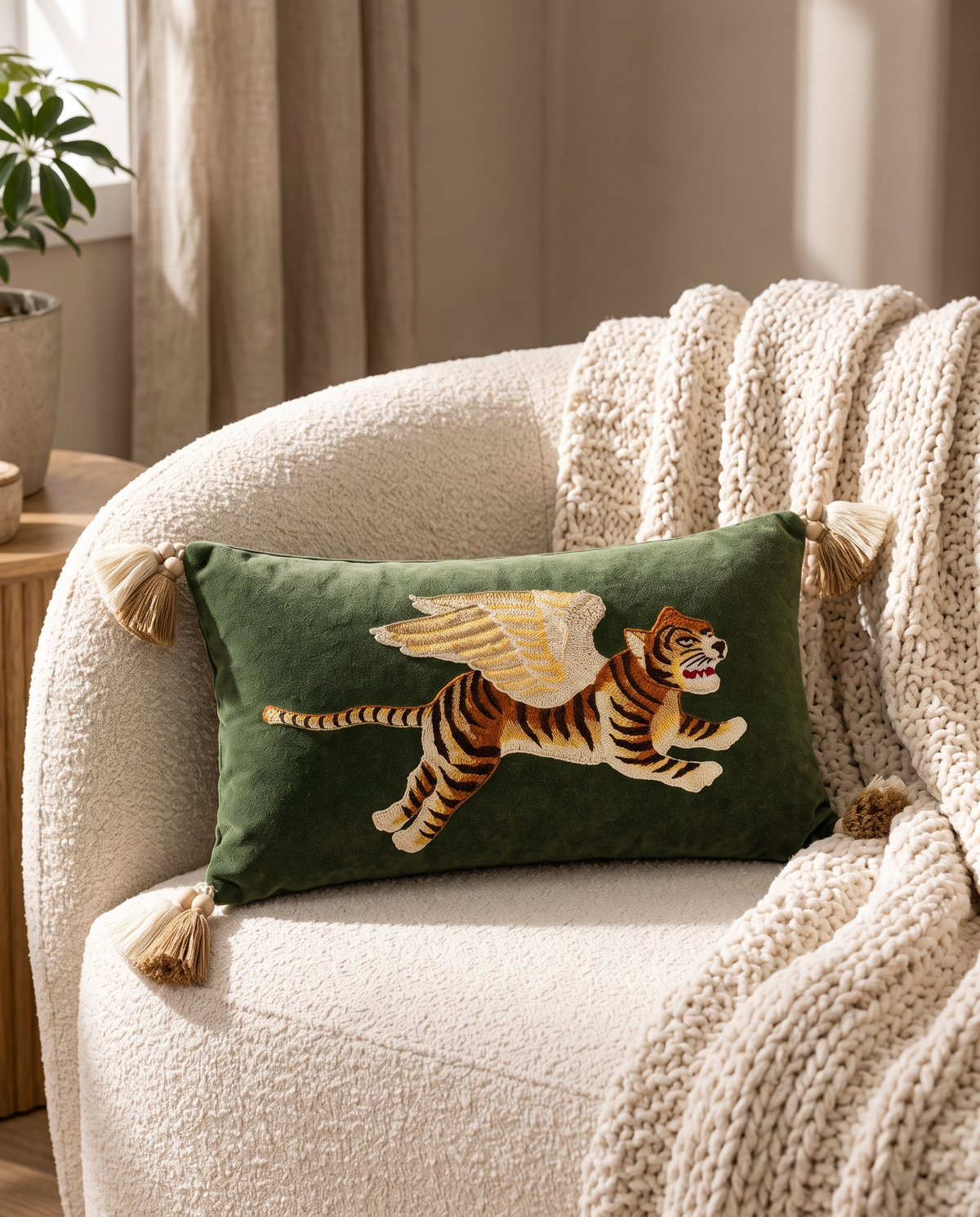 The Sporting Club Cushion on a cream boucle sofa