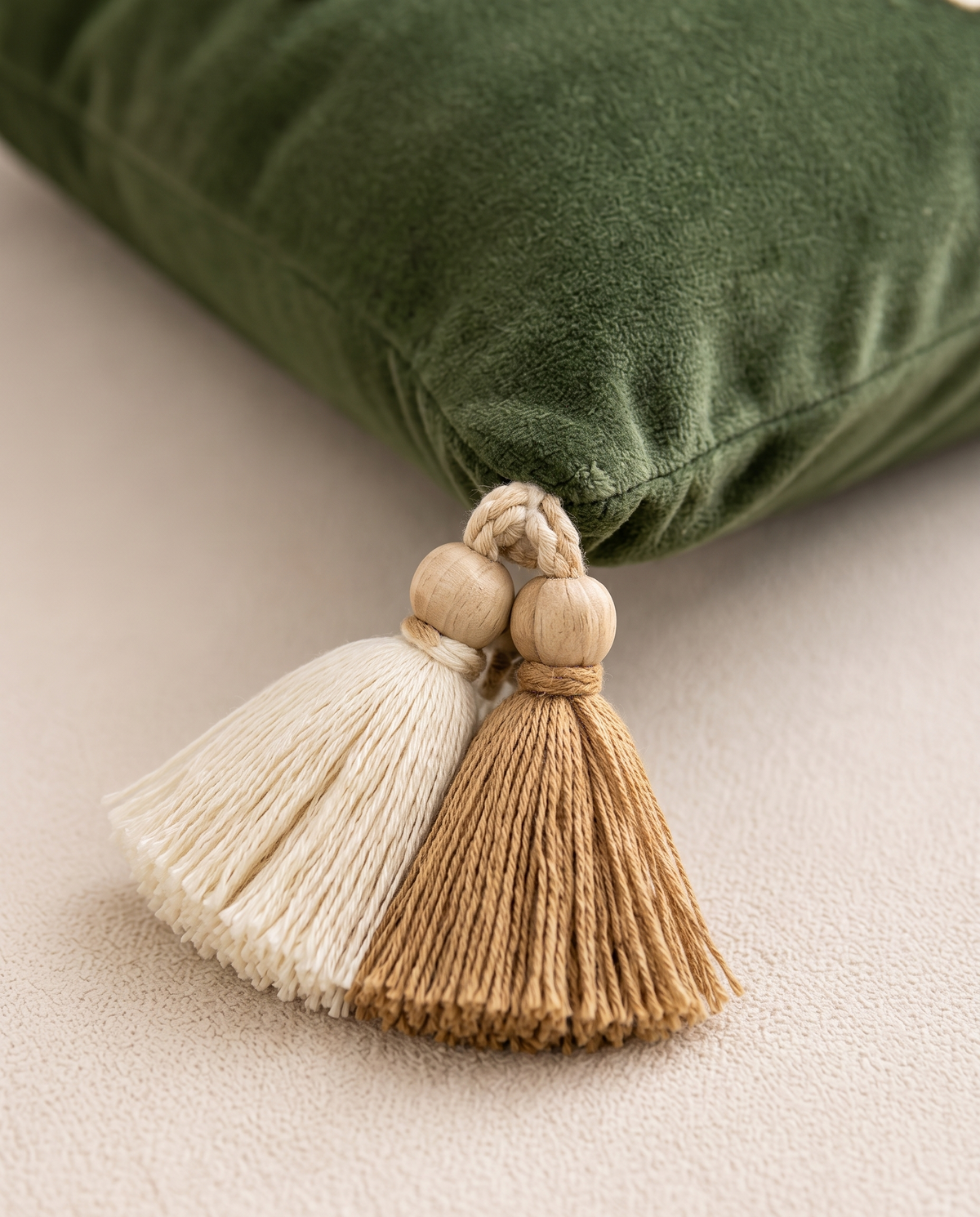Cream and camel corner tassels with wooden beads