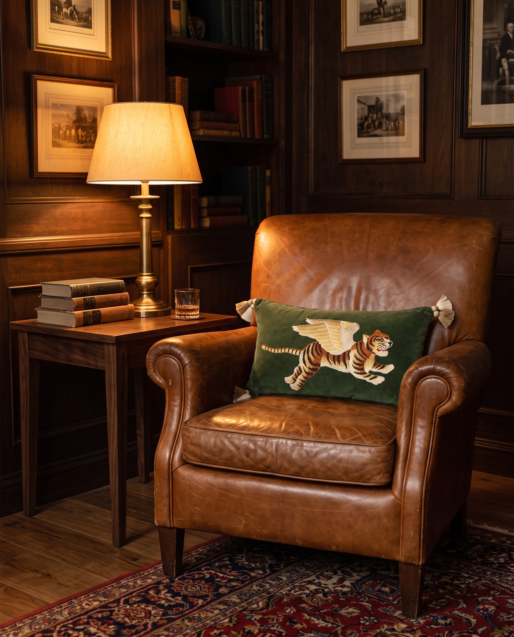 The Sporting Club Cushion on a leather armchair