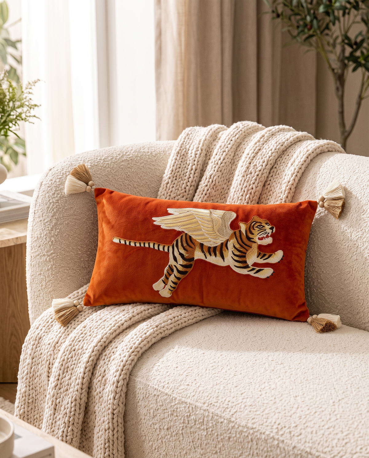 The burnt orange Sporting Club Cushion on a cream sofa