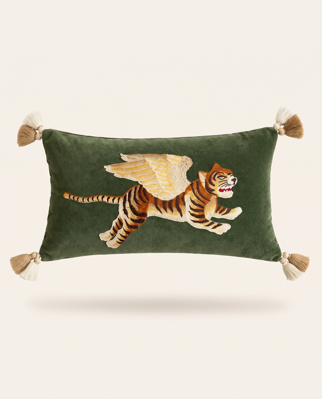 The Sporting Club Cushion in forest green velvet with embroidered winged tiger