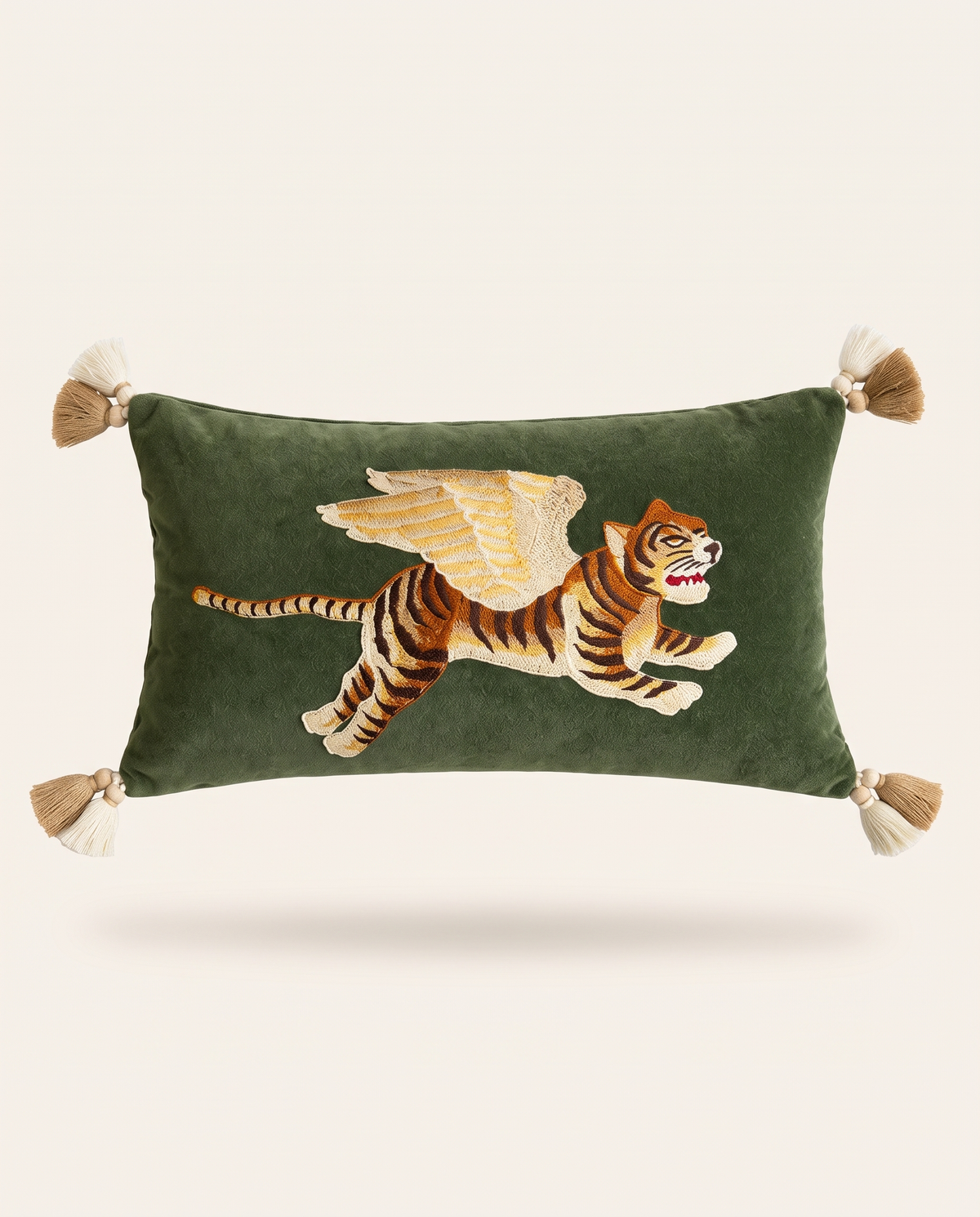 The Sporting Club Cushion in forest green velvet with embroidered winged tiger