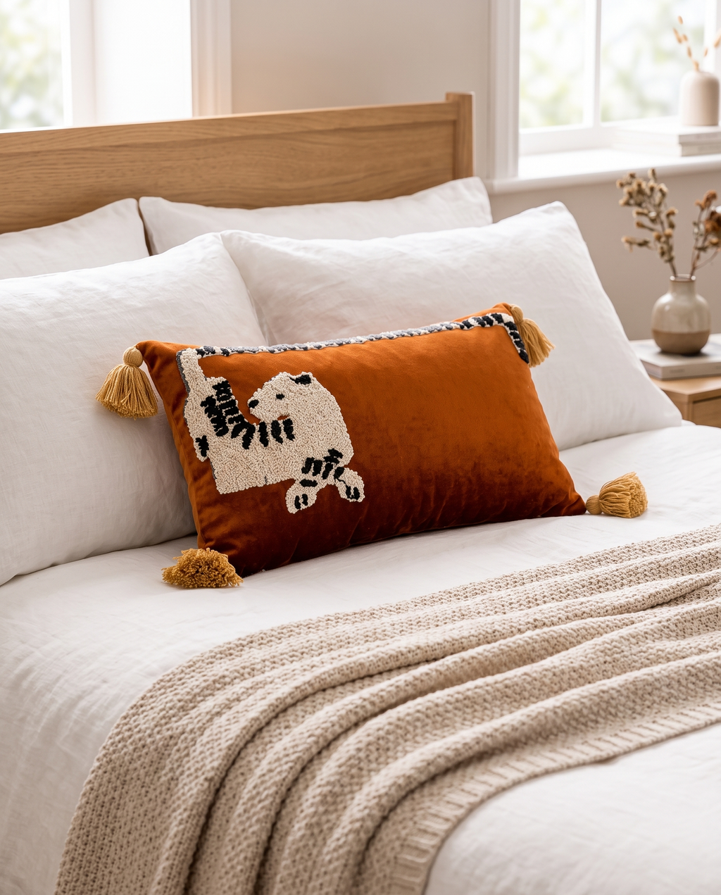 The leopard Menagerie Cushion on a bed