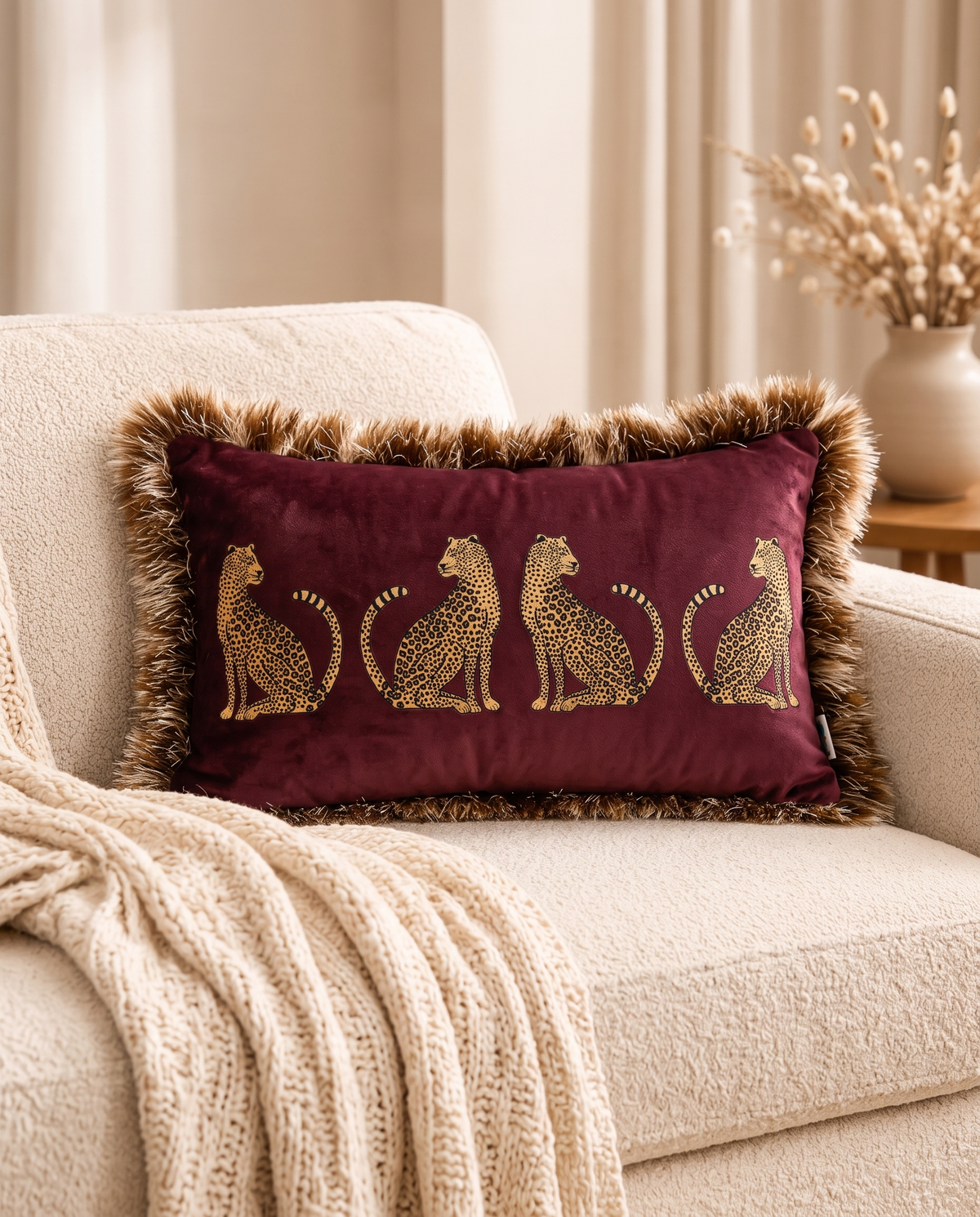 The burgundy Cheetah Parade Cushion on a cream sofa