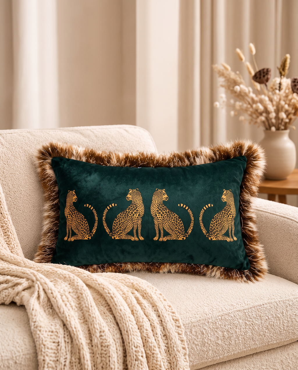 The dark green Cheetah Parade Cushion on a cream sofa