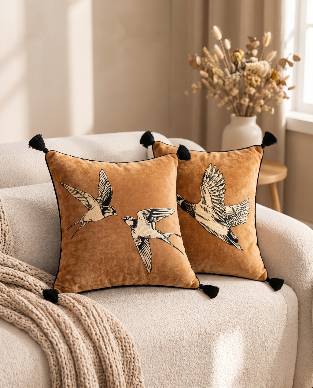 Both sides of The Migration Cushion on a cream sofa