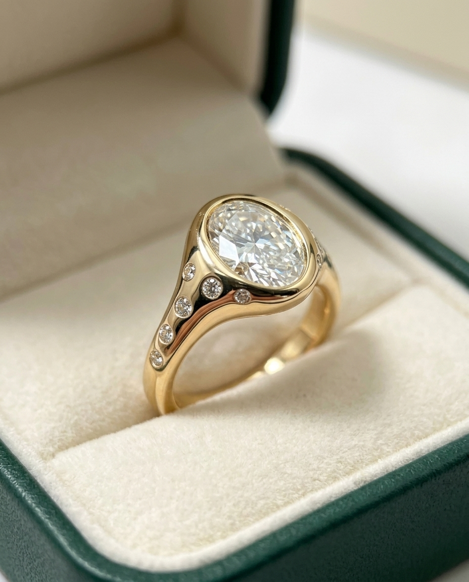 A yellow gold ring with a large oval-cut clear center stone and small accent stones along the shank, displayed in an open dark green jewelry box with cream velvet lining.