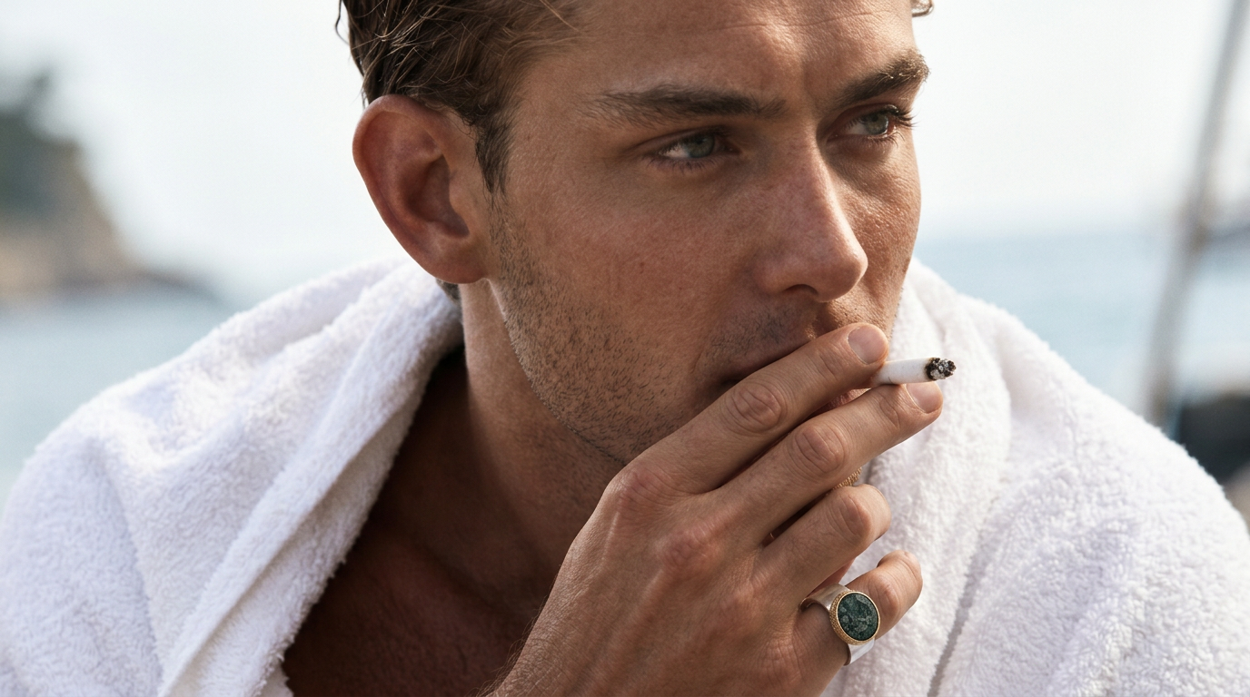 A close-up lifestyle shot of a man wrapped in a white towel, smoking a cigarette with a silver ring on his finger, with a blurred outdoor background.