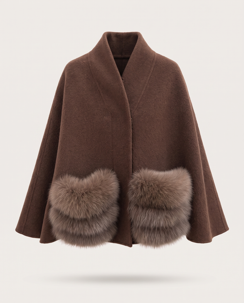 A brown shawl cape coat featuring large, fluffy faux-fur trim at the hem, displayed against a light gray background.