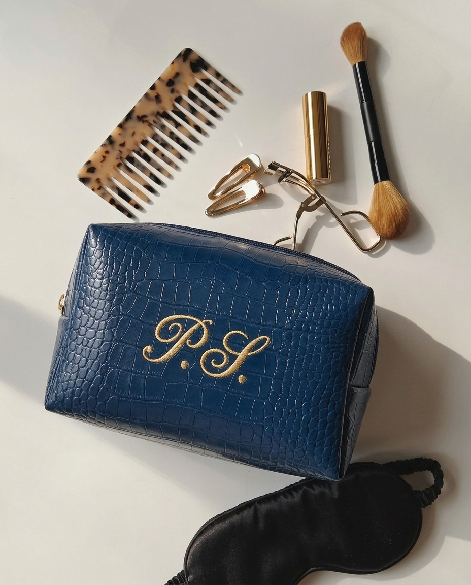 A blue croc-embossed cosmetic bag with gold 'P.S.